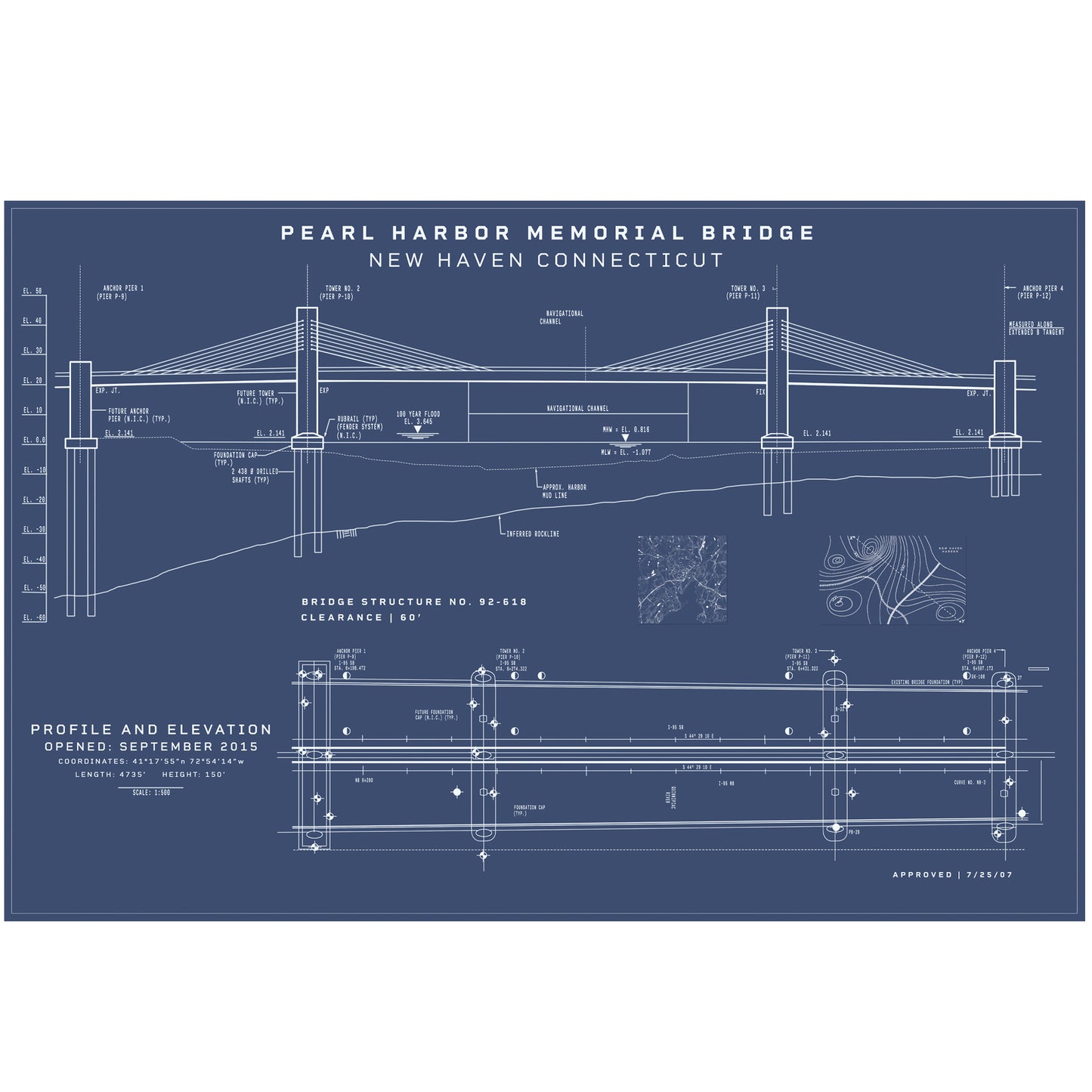 Pearl Harbor Memorial Bridge Blueprint Poster